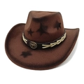 Brown western cowboy hat with pentagram pattern and metal bull head emblem buckle - M (56-58cm) / Coffee
