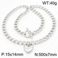 Silver stainless steel heart pendant necklace with Cuban chain and OT buckle - Silver Necklace (KN283170-Z)
