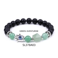 Perlenarmband mit Hand der Fatima und bösem Blick, matte schwarze Steine und Aventurin - Grüner Aventurin