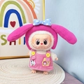 Pink plush bunny ear hat and dungarees outfit set for Labubu vinyl doll accessory - Big Ears Pink Princess Set / First And Second Generation Keychains Are Compatible With La Cloth Dolls. Dolls Not Included.