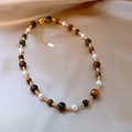 Detail of tiger eye beads and pearls on champagne satin with adjustable gold clasp - Gold Tiger Eye & Pearl Mix (51#)