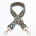 Detail of dark green and beige geometric diamond pattern woven bag strap with gold buckle - Silver Clasp / Beige Base Dark Green