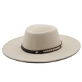 Detail of white wool felt fedora with brown leather braided band and gold metal hardware - M (56-58cm) / Beige
