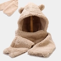 Cute beige plush hoodie scarf with bear ears for women, warm winter fleece hat set - M (56-58cm) / Bear Ears No Pockets 2-Piece Set Khaki