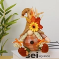 Detail van oogstkabouter met zonnebloem, esdoornblad en vlechtjes op witte boeken decor - Stijl B