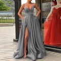 Elegant grey satin long evening dress with thin straps and a side slit for women - US size 12 (L) / Gray