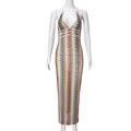 Detailed close-up of colorful wavy knit pattern on a bodycon halter neck maxi dress - S / Apricot