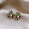 Vintage oval gold earrings with green enamel floral patterns and central pearl accent - Vintage Oval Gold Green Enamel Purple Floral Pearl (33#)