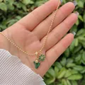 18K vergoldete Perlenkette mit grünem Emaille-Kaktus und Kristallblumen-Anhänger - Natur-Set (Kaktus/Grüne Blume)