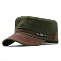 Olive green military flat top cap with brown leather brim and embroidered star detail - Adjustable / Army Green