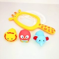 Yellow giraffe fishing net toy set with lion, owl and elephant squirts for baby bath - Giraffe Net Set: Bird Lion Elephant