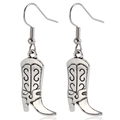 Western style vintage silver cowboy boot earrings with intricate scrollwork engraving - Patterned Cowboy Boot Style (ZW680)