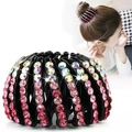 Black velvet bird nest hair ring with pink and colorful rhinestones for ponytails - Rhinestone Pink