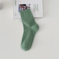 Grass green cotton socks with heart pointelle patterns and ribbed cuffs on white base - One Size / Forest Green