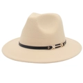 Classic beige wool fedora hat with a black leather band and gold metal buckle detail - M(56-58cm) / Beige (Double Band)