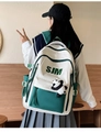 Back view of a white and green vintage campus backpack with cute panda charm accessory - Green With Panda
