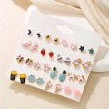Detailed set of 15 pairs of colorful enamel stud earrings with cute animal and fruit shapes - E0438-1 (Multi-color Enamel Set)