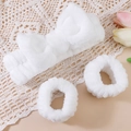 White coral fleece headband set with bow and wristbands for facial washing and skincare - 3-Piece Headband Set / White