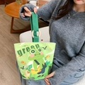 Green canvas bucket tote bag featuring a cartoon frog print and wooden handle ring detail - Green Frog Postman