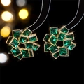 Sparkling gold stud earrings featuring geometric emerald green crystal floral clusters - Dark Green (STE022GL-EM)