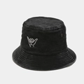 Macro detail of high-density washed cotton bucket hat with white gesture embroidery decoration - M (56-58cm) / Black