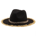 French vintage black straw boater hat with gold chain detail and frayed brim trim - M (56-58cm) / 1 Black (Frayed Edge)