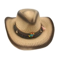 Chapeau de cowboy en paille marron avec perles turquoise et pompons bohèmes - Blanc cassé 1 (Style Ethnique)