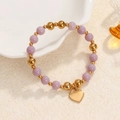 Purple natural stone beaded bracelet with gold heart charm and stainless steel accents - Purple Beads-Gold Heart Charm