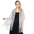 Sparkling silver metallic shawl with fringe tassels for bridal weddings and formal party dresses - Silver