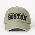 Close-up of Boston embroidery on vintage washed olive green baseball cap surface - One Size / Light Khaki