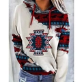 Detail of vintage tribal horse print on women's oversized hoodie with kangaroo pocket - S / Red Blue White Patchwork