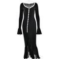 Elegant black long-sleeved midi dress with white button trim and ruffled hem for women - S / Black