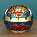 Peacock and peony enamel ashtray in deep blue with gold accents and lid - Gold Blue Enamel Peacock