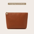 Caramel brown woven PU leather triangle toiletry bag with golden metal zipper puller - Triangle Bag / Caramel Brown