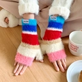 Mitaines pelucheuses à rayures arc-en-ciel pour femmes, douces et chaudes pour l'hiver - Taille unique / Rose Blanc Rouge Bleu