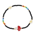Pulsera artesanal de cuentas negras con detalles de arcoíris y un dije de hongo rojo - Margarita de Champiñón Arcoíris