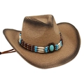 Detail van western strooien cowboyhoed met etnische turquoise kralen en houten accenten - Khaki Zwart (Beige Strip Blauwe Kraal)