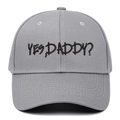 Detail of grey baseball cap featuring black YES DADDY embroidery and cotton texture - Adjustable / Gray