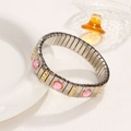Elastic stainless steel bracelet in silver and gold finish with pink gemstones - Pink Oval Gemstone Style (11)
