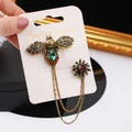 Vintage bronzen brocheset met bij en bloem, groene kristallen en metalen ketting - Stijl 8992 Groen
