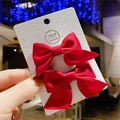 Pair of red fabric bow hair clips with braided wigs for girls on white card - Wine Red Bow (Hair Clip 024-Braid)