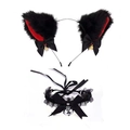 Cat ear headband and lace choker set with golden bells in black and red faux fur - Black/Red Inside Cat Ears + Black Lace Choker