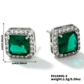 Elegant silver square stud earrings with green emerald-cut stone and diamond halo - Emerald Green Large Square Style (E01049G-3)