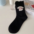 Chaussettes mi-mollet noires en coton avec broderie chien et nœud à carreaux roses - Taille unique / Noir