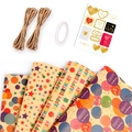 Birthday kraft gift wrapping set with dot patterns, twine, tape and stickers - Set of 4 Papers + 2 Ropes + 1 Tape + 1 Sticker