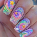 Macro view of colorful galaxy press-on nails with glitter and gold star charms - Colorful Galaxy Gold Star Style (AW326)
