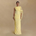 Elegant pale yellow bodycon dress with ruching details and a mesh shoulder cape - S / Yellow