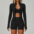 Ensemble de yoga sans couture 3 pièces noir avec veste, brassière et short taille haute - S / Haut Et Bas / Noir Premium