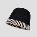 Chic black knitted bucket hat with striped brim design for women in autumn and winter - One Size / Black