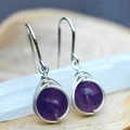 Minimalist silver wire-wrapped earrings featuring round purple amethyst stones - Amethyst Color Wire Wrapped / Purple